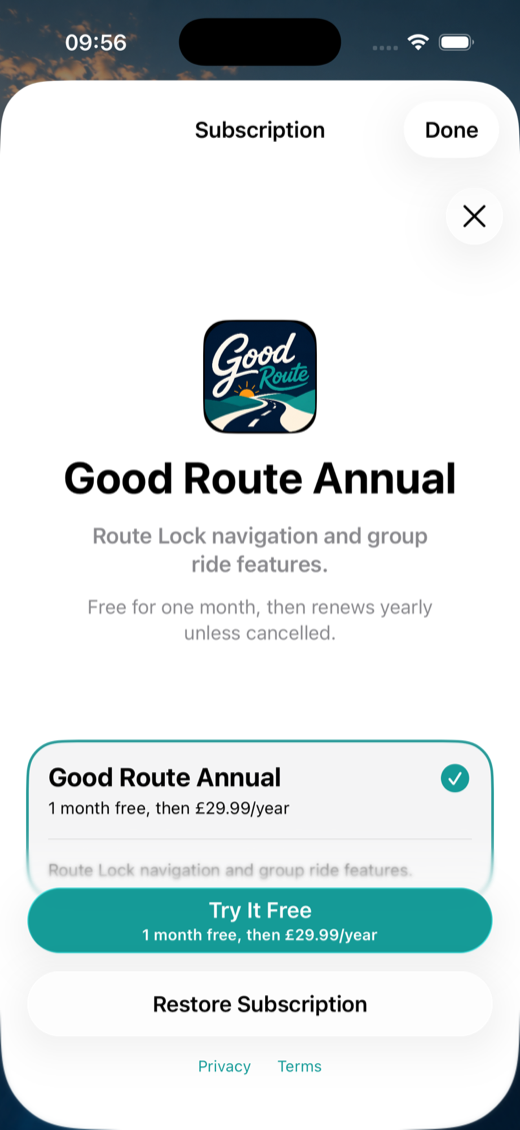 Good Route Annual subscription screen showing one month free, then £29.99 per year