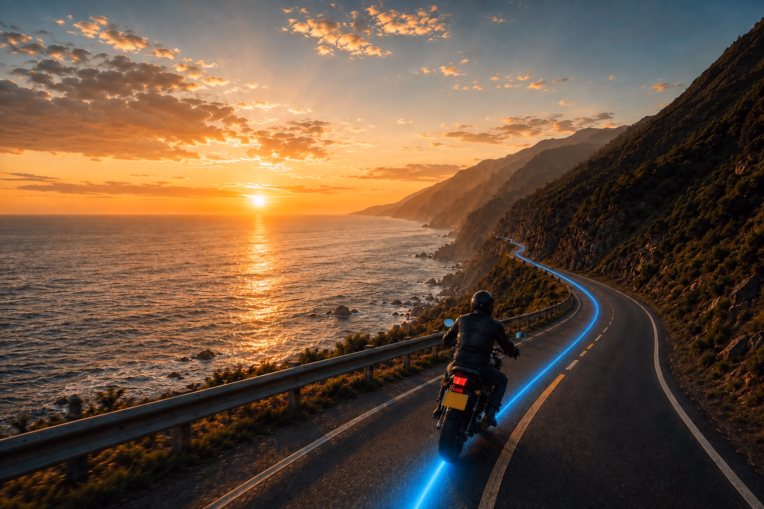 A motorcyclist following a coastal mountain road at sunset