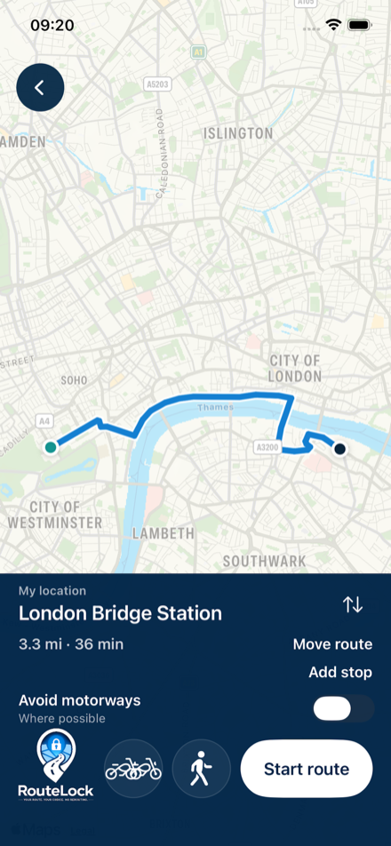 Good Route route planner showing a locked route through central London